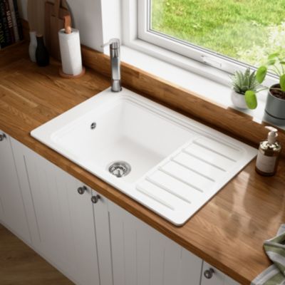 Évier à encastrer en composite de quartz blanc mat 1 cuve avec égouttoir et accessoires, L.77,3 x P.51,6 cm, GoodHome Romesco