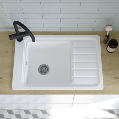 Évier à encastrer en composite de quartz blanc mat 1 cuve avec égouttoir et accessoires, L.77,3 x P.51,6 cm, GoodHome Romesco