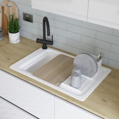 Évier à encastrer en composite de quartz blanc mat 1 cuve avec égouttoir et accessoires, L.77,3 x P.51,6 cm, GoodHome Romesco