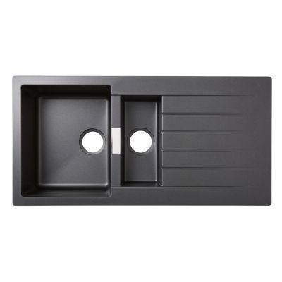 Évier à encastrer en composite de quartz noir 1,5 bac avec égouttoir, L.100 x P.50 cm, Cooke & Lewis Galvani