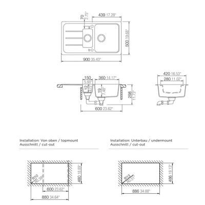 Évier à encastrer en composite de quartz noir 1,5 bac avec égouttoir, L.90 x P.50 cm, Cooke & Lewis Arber
