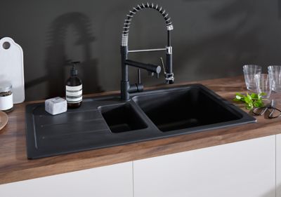 Évier à encastrer en composite de quartz noir 1,5 bac avec égouttoir, L.90 x P.50 cm, Cooke & Lewis Arber