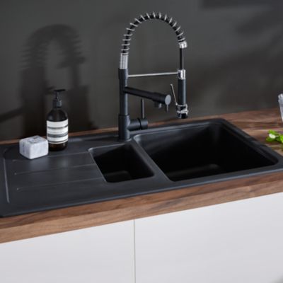 Évier à encastrer en composite de quartz noir 1,5 bac avec égouttoir, L.90 x P.50 cm, Cooke & Lewis Arber
