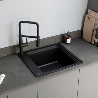 Évier à encastrer en composite de quartz noir 1 bac avec égouttoir amovible, L.56,4 x P.51,6 cm, GoodHome Romesco