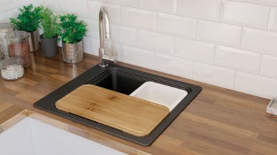 Évier à encastrer en composite de quartz noir 1 bac avec égouttoir amovible, L.56,4 x P.51,6 cm, GoodHome Romesco
