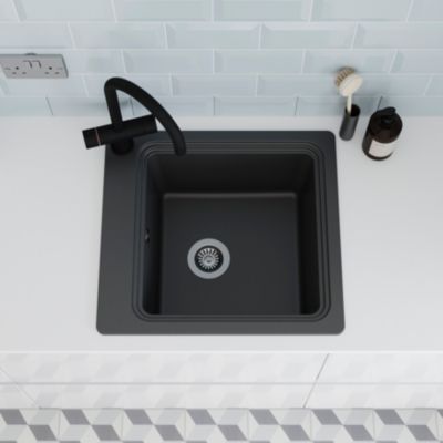 Évier à encastrer en composite de quartz noir 1 bac avec égouttoir amovible, L.56,4 x P.51,6 cm, GoodHome Romesco
