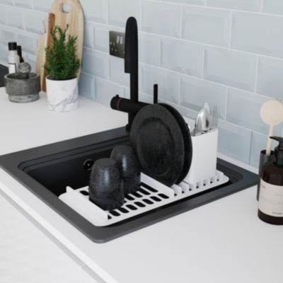 Évier à encastrer en composite de quartz noir 1 bac avec égouttoir amovible, L.56,4 x P.51,6 cm, GoodHome Romesco