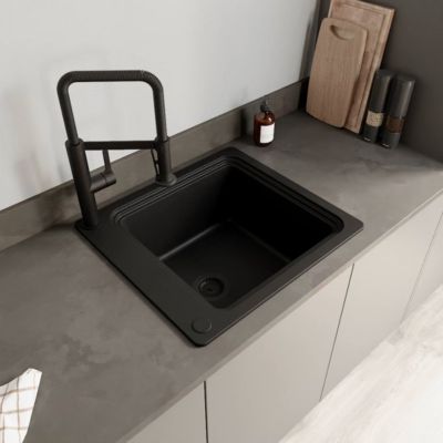 Évier à encastrer en composite de quartz noir 1 bac avec égouttoir amovible, L.56,4 x P.51,6 cm, GoodHome Romesco
