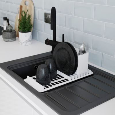 Évier à encastrer en composite de quartz noir 1 bac avec égouttoir, L.77,3 x P.51,6 cm, GoodHome Romesco