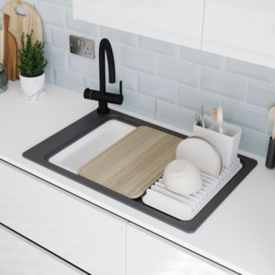 Évier à encastrer en composite de quartz noir 1 bac avec égouttoir, L.77,3 x P.51,6 cm, GoodHome Romesco
