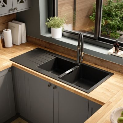 Évier à encastrer en composite de quartz noir 2 bacs avec égouttoir, L.116 x P.50 cm, GoodHome Torla