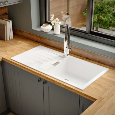 Évier à encastrer en composite quartz blanc 1 bac avec égouttoir L.100 x P.50 cm, GoodHome Torla