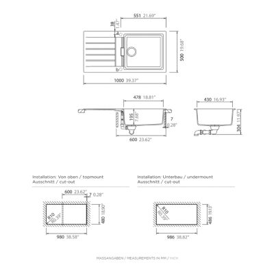 Évier à encastrer en composite quartz blanc 1 bac avec égouttoir L.100 x P.50 cm, GoodHome Torla