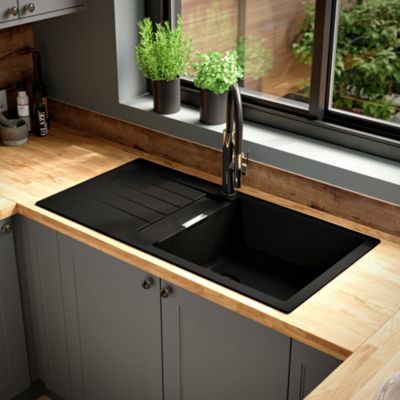 Évier à encastrer en composite quartz gris 1 bac avec égouttoir L.100 x P.50 cm, GoodHome Torla