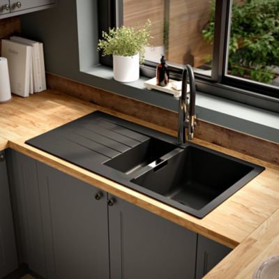 Évier à encastrer en composite quartz noir 1,5 bac avec égouttoir, L.100 x P.50 cm, GoodHome Torla