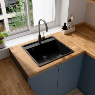 Évier à encastrer en composite quartz noir 1 bac, L.53 x P.50 cm, GoodHome Hirase