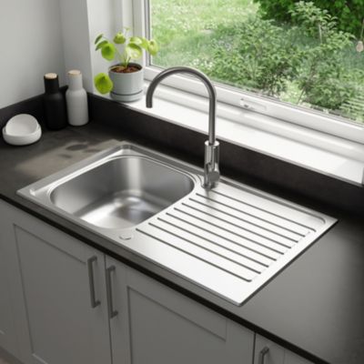 Évier à encastrer en inox 1 bac avec égouttoir, L.86 x P.50 cm, Jabiri