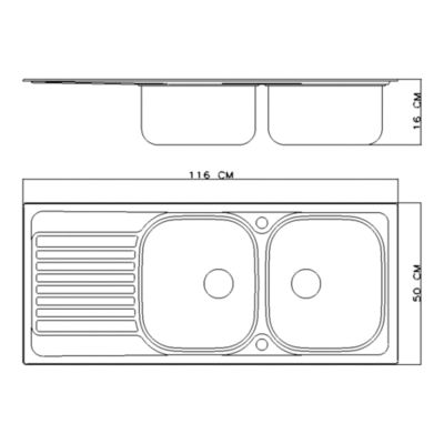 Évier à encastrer en inox 2 cuves avec égouttoir, L.116 x P.50 cm, Jabiri