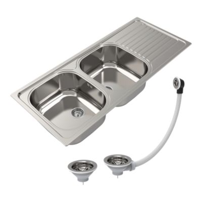 Évier à encastrer en inox 2 cuves avec égouttoir, L.116 x P.50 cm, Jabiri