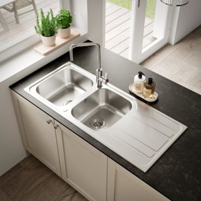 Évier à encastrer en inox microstructuré 2 bacs avec égouttoir L.116 x P.50 cm, GoodHome Lucerne