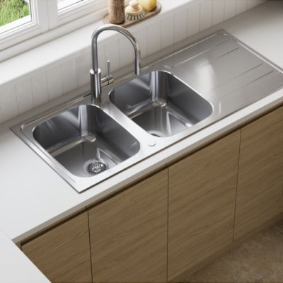 Évier à encastrer en inox microstructuré 2 bacs avec égouttoir L.116 x P.50 cm, GoodHome Lucerne