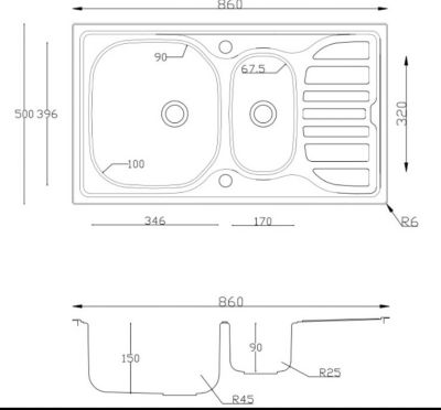 Évier à encastrer en inox satiné 1,5 bac avec égouttoir, L.86 x P.50 cm, Turing