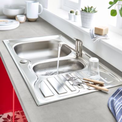 Évier à encastrer en inox satiné 1,5 bac avec égouttoir, L.86 x P.50 cm, Turing
