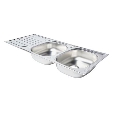 Évier à encastrer en inox satiné 2 bacs avec égouttoir, L.116 x P.50 cm, Turing