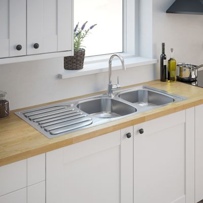 Évier à encastrer en inox satiné 2 bacs avec égouttoir, L.116 x P.50 cm, Turing