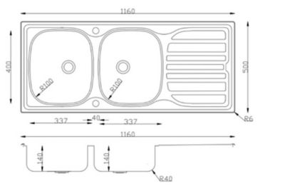 Évier à encastrer en inox satiné 2 bacs avec égouttoir, L.116 x P.50 cm, Turing