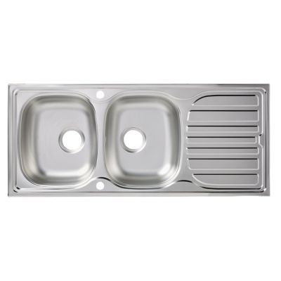 Évier à encastrer en inox satiné 2 bacs avec égouttoir, L.116 x P.50 cm, Turing