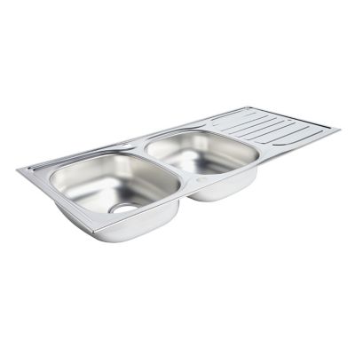 Évier à encastrer en inox satiné 2 bacs avec égouttoir, L.116 x P.50 cm, Turing