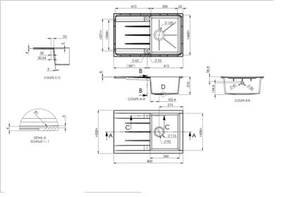 Évier à encastrer en résine blanc mat 1 bac avec égouttoir, L.80 x P.50 cm, Cooke & Lewis Ising