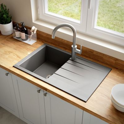 Évier à encastrer en résine gris 1 bac avec égouttoir, L.80 x P.50 cm, GoodHome Keluak