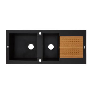 Évier à encastrer en résine noire 2 bacs avec égouttoir et planche en bambou, L.118 x P.50 cm, Cooke & Lewis Maestro