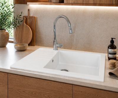 Évier compact à encastrer en composite blanc 1 bac avec égouttoir, L.62 x P.50 cm, Nord Inox Karta