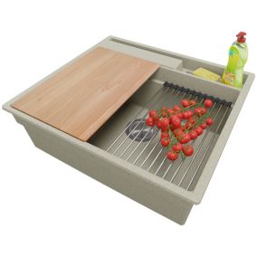 Evier Cuisine Beige 58x53cm, 1 bac + Kit de Vidage + Accessoires, Evier a Encastrer au meuble 60cm, Oslo Pocket de Primagran