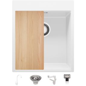 Evier Cuisine Blanc 43x50cm + Kit de Vidage + Robinet + Accessoires, Evier au meuble 45cm  Oslo Top de Primagran