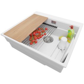 Evier Cuisine Blanc 58x53cm, 1 bac + Kit de Vidage + Accessoires, Evier a Encastrer au meuble 60cm, Oslo Max de Primagran