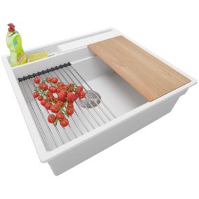 Evier Cuisine Blanc 58x53cm, 1 bac + Kit de Vidage + Accessoires, Evier a Encastrer au meuble 60cm, Oslo Pocket de Primagran