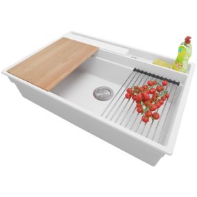 Evier Cuisine Blanc 78x53cm, 1 bac + Kit de Vidage + Accessoires, Evier a Encastrer au meuble 80cm, Oslo Pocket de Primagran