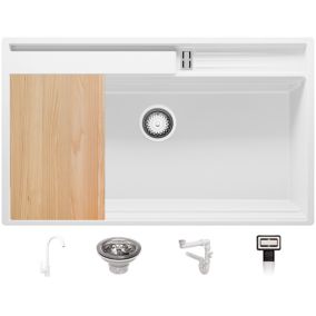 Evier Cuisine Blanc 88x53cm + Kit de Vidage + Robinet + Accessoires, Evier au meuble 90cm  Oslo Pocket de Primagran