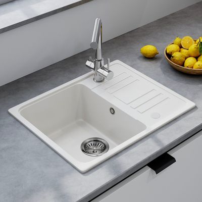 Evier Cuisine en Granit 57x45 cm Évier en quartz Blanc, 1 bac encastrable de, Lavabo 1 bac + Kit de Vidage - HOROW