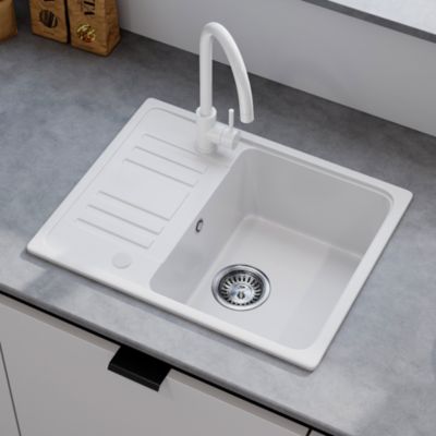 Evier Cuisine en Granit 57x45 cm Évier en quartz Blanc, 1 bac encastrable de, Lavabo 1 bac + Kit de Vidage - HOROW