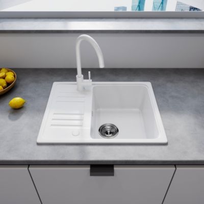 Evier Cuisine en Granit 57x45 cm Évier en quartz Blanc, 1 bac encastrable de, Lavabo 1 bac + Kit de Vidage - HOROW