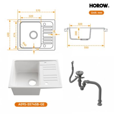 Evier Cuisine en Granit 57x45 cm Évier en quartz Blanc, 1 bac encastrable de, Lavabo 1 bac + Kit de Vidage - HOROW