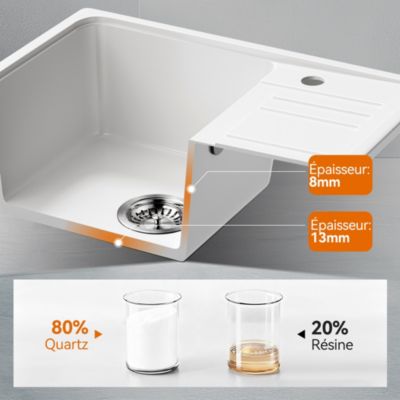Evier Cuisine en Granit 57x45 cm Évier en quartz Blanc, 1 bac encastrable de, Lavabo 1 bac + Kit de Vidage - HOROW