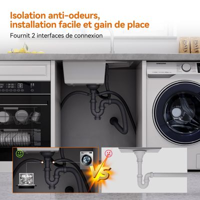 Evier Cuisine en Granit 57x45 cm Évier en quartz Blanc, 1 bac encastrable de, Lavabo 1 bac + Kit de Vidage - HOROW