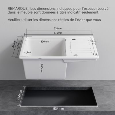 Evier Cuisine en Granit 57x45 cm Évier en quartz Blanc, 1 bac encastrable de, Lavabo 1 bac + Kit de Vidage - HOROW