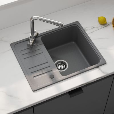 Evier Cuisine en Granit 57x45 cm Évier en quartz gris , 1 bac encastrable de, Lavabo 1 bac + Kit de Vidage - HOROW